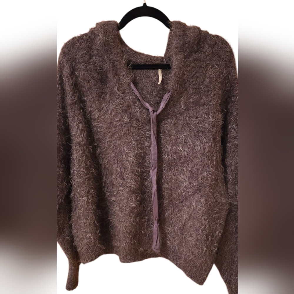 Free People Plum/Gray Fuzzy hoodie pullover Sweater Size Small Oversized